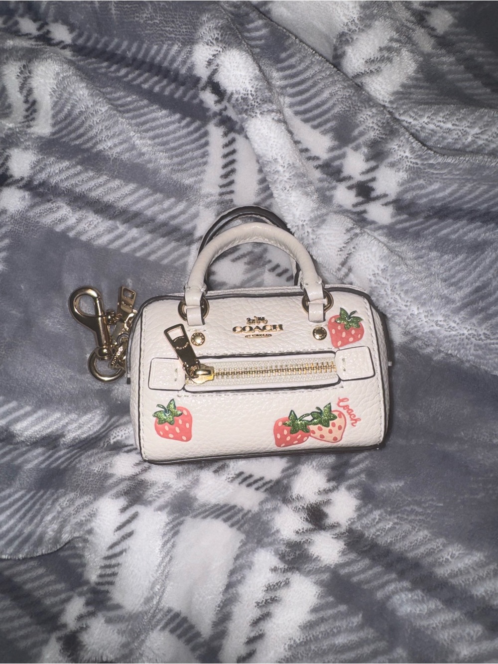 Coach Cream Mini Rowan Satchel with Strawberry charm keychain